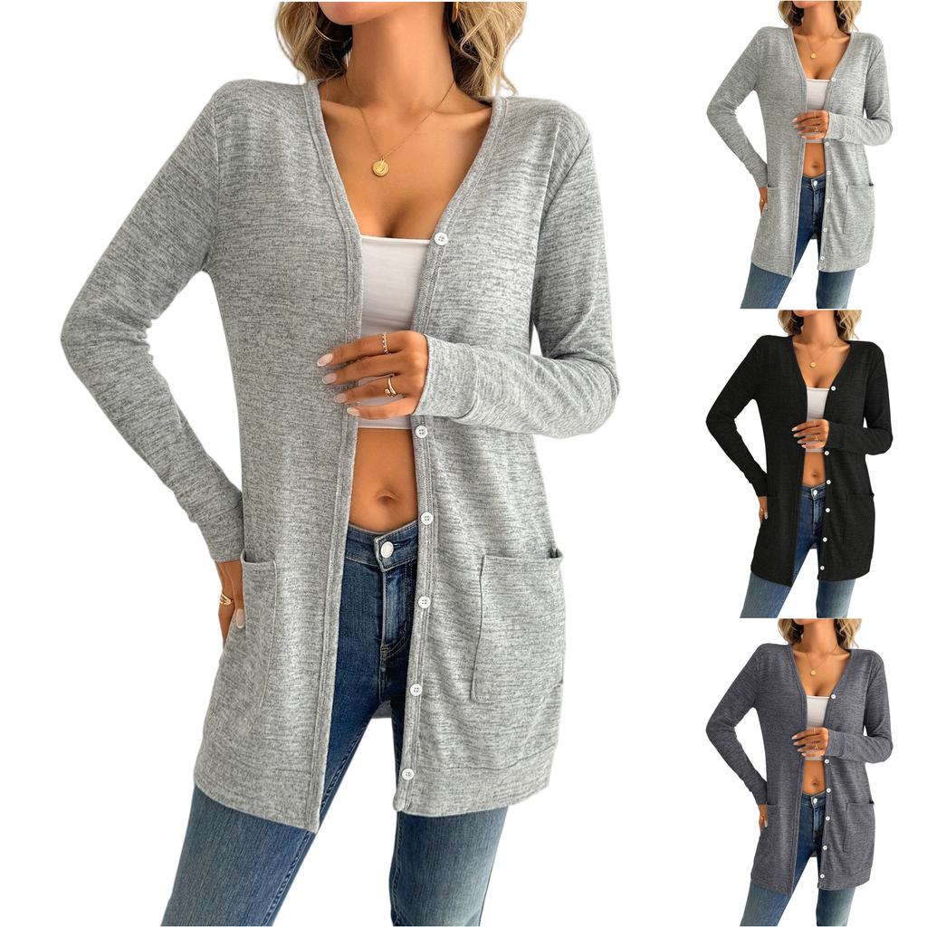 Women's Fashion Casual Solid Color Long Sleeve Loose Pocket Button Cardigan Sweater Jacket
