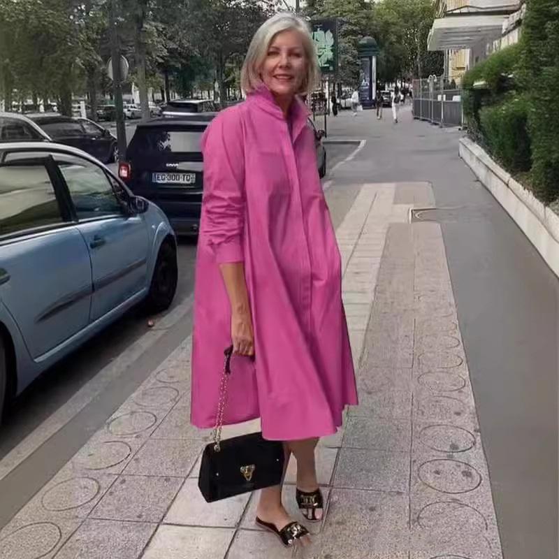 Women's Solid Color Long Sleeve Lapel Simple Loose Knee-length Shirt Dress
