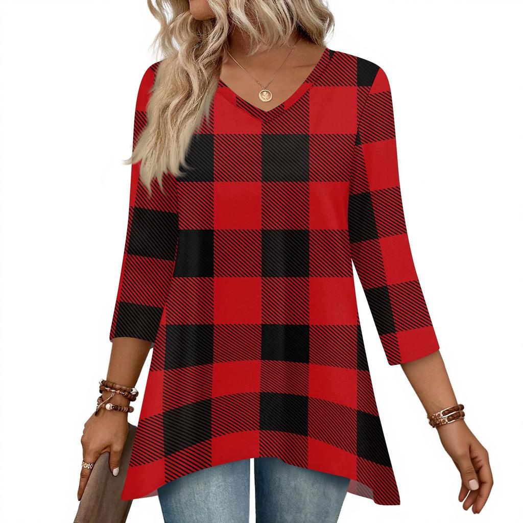 Dámské topy s výstřihem do V a 3/4 rukávem, ležérní košile střední délky, módní tuniky s potiskem