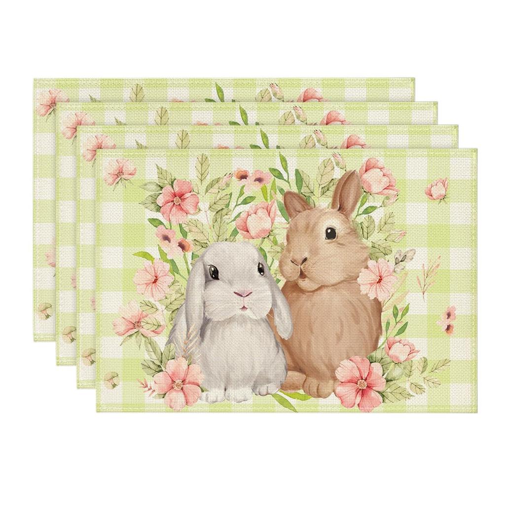 Bunny Rabbit Flowers Floral Buffalo Plaid Easter Placemats Set of 4, 12x18 Inch Spring Table Mats for Party Kitchen Dining Decoration