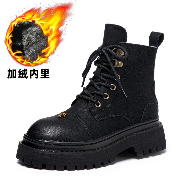 Leather platform Martin boots women's new British style cowhide 2025 spring and autumn single boots locomotive versatile velvet women's short boots