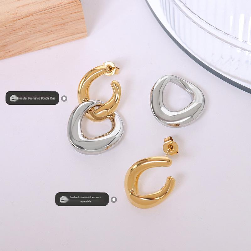 French-Inspired Trendy Double Ring Detachable Titanium Steel Stud Earrings, 18K Gold-Plated Jewelry F539.