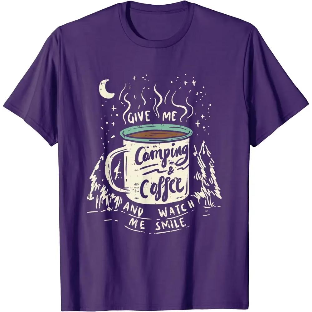 Give Me Coffee and Watch Me Smile Coffee and Camping T-Shirt for Men Women Camp Clothing Four Seasons Tees Cotton Casual