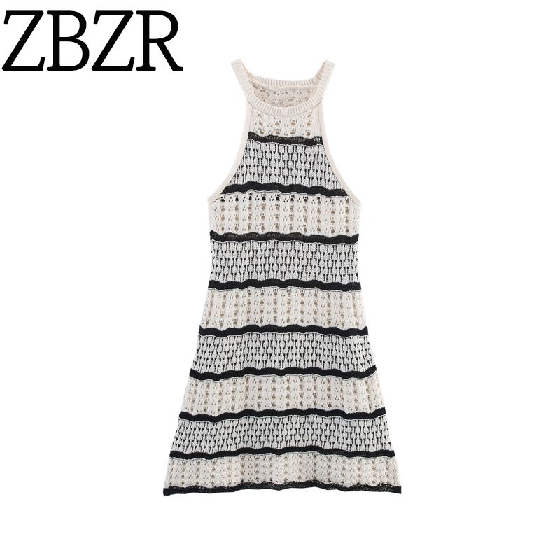 Zbzr Spring New Women Clothes Western Style Sleeveless Halterneck Skirt Short Knitted Stripes Dress 3991011