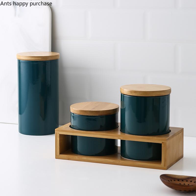 

Green Ceramic Jar Sealed Jar Wooden Cover Storage Tank Food Container Decorative Jars Wooden Base Snack Box Home Storage Bottle