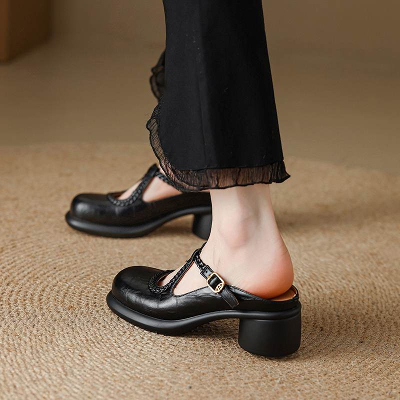 Krazing Pot Cow Skin Round Toe Size 42 Thick Round Med Heels Slip on Platform Mules Gladiator Autumn Pumps