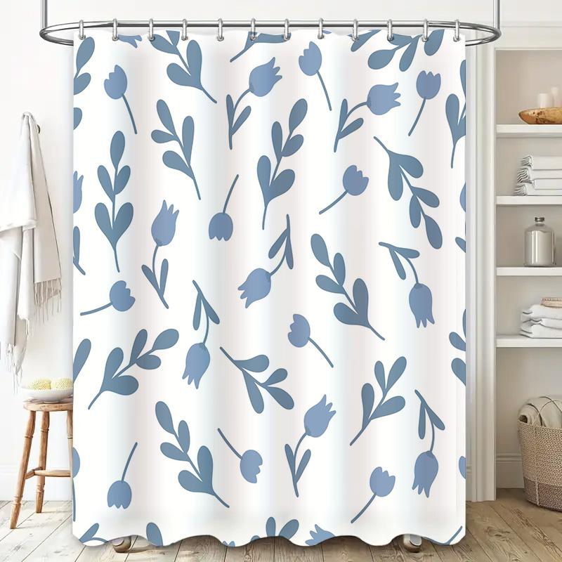 Rideau de Douche Floral Bleu Tissu Blanc Impression Serviette de Bain, Décoration d'Intérieur Rideaux de Douche Imperméables avec Anneaux Ensemble pour Salle de Bain D