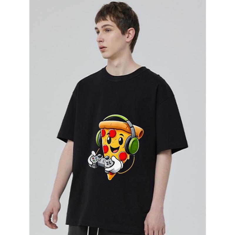Casual T Shirt Black Pizza Gamer With Headphones And Controller Graphic For Gaming And Everyday Wear