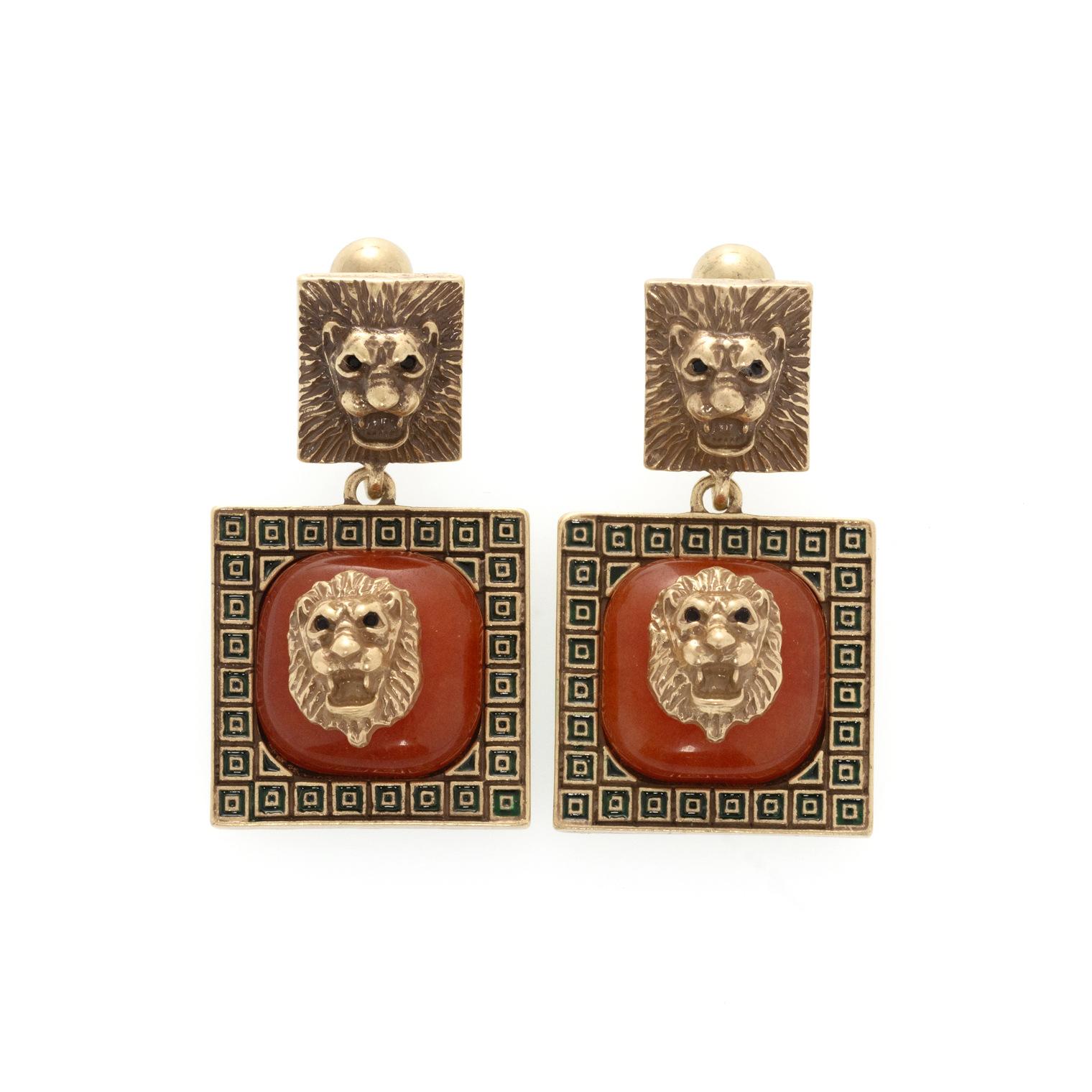 Medieval Vintage Retro French Lion Head Earrings, Square Elegant Enamel Square Women S Earrings