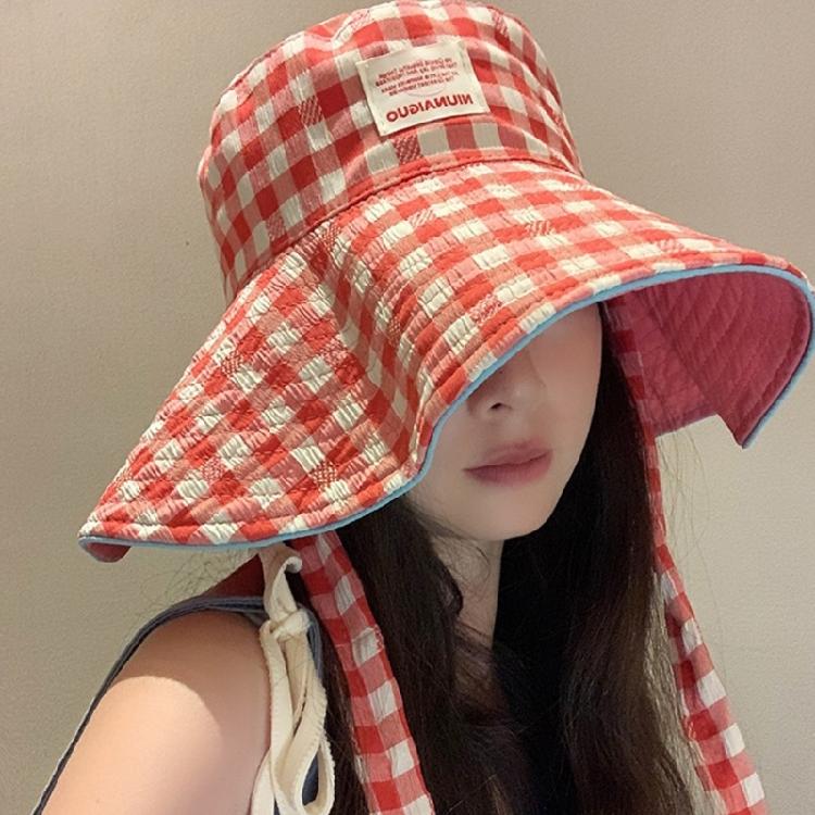 Fashionable Reversible Plaids Sun Hat Oversized Brims Fisherman Cap For Outdoor Activity Beach Trip And Street Headwear