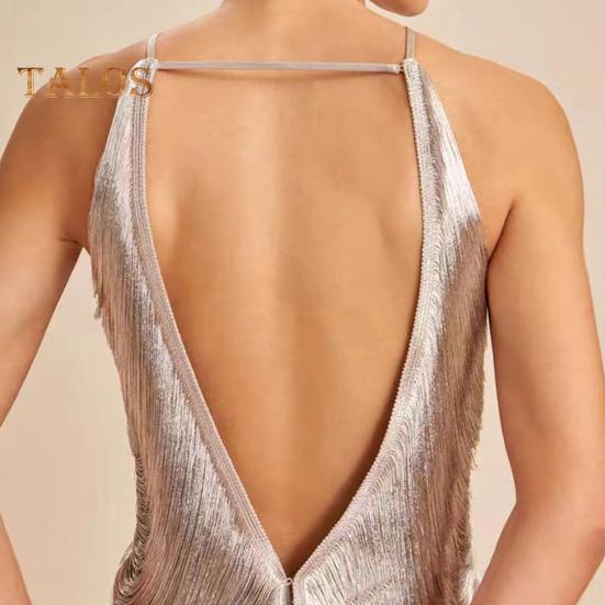 Women Party Dress Glossy Tassel Halter Neck Backless Sleeveless Split Hem Solid Color Slim Fit Off Shoulder Club Party Banquet Mini Dress