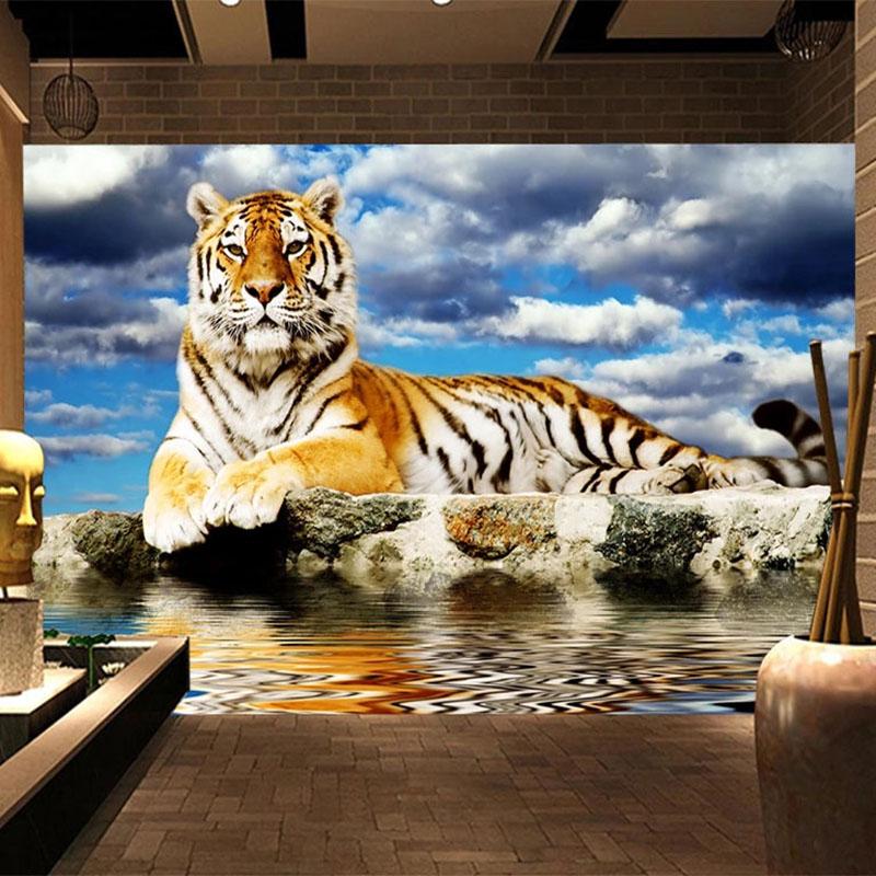 Mural Wallpaper 3D Stereo Tiger Blue Sky And White Clouds Wall Murals Living Room Bedroom Cartoon Wall Papers