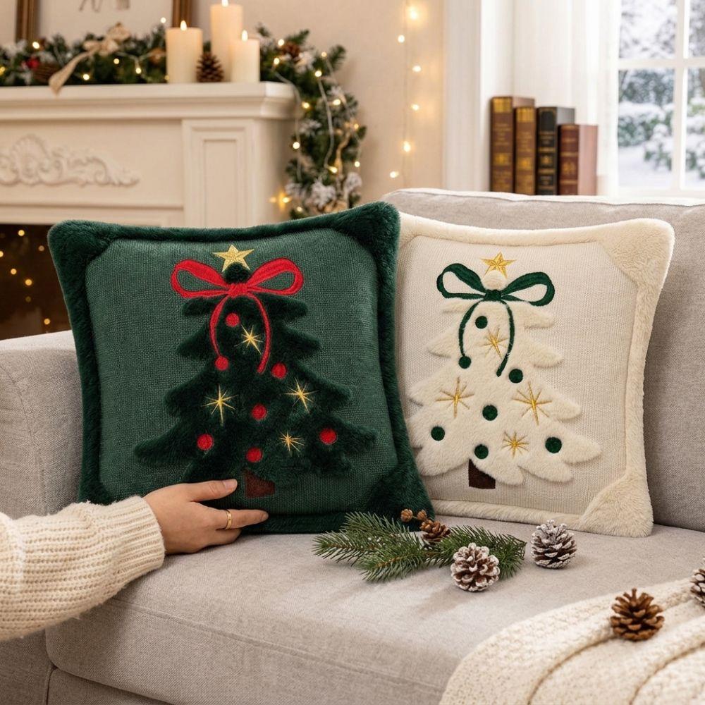 Festive Decor Christmas Pillow Cover Christmas Tree Soft Fluffy Cushion Cover Bow Embroidery Skin-friendly Pillowslip Bedroom