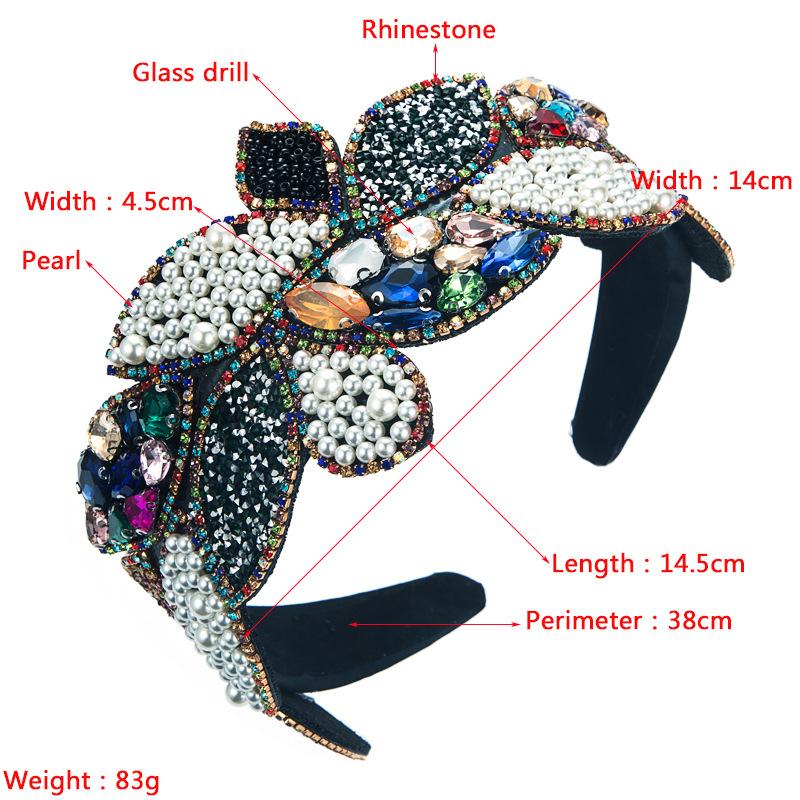 Women's Hair Band Retro Rhinestone Pearl Baroque Headwear Oversized Wide Brimmed Prom Hairhoop