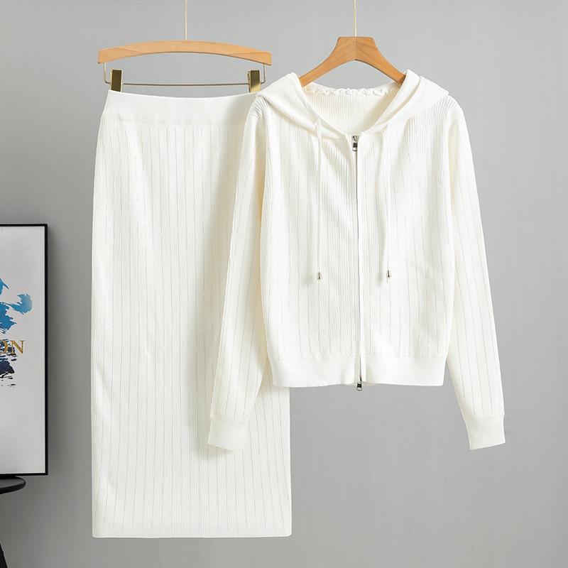 Women's Rhinestone Knit Hooded Cardigan & Skirt Set - Autumn/Winter Fragrance Style