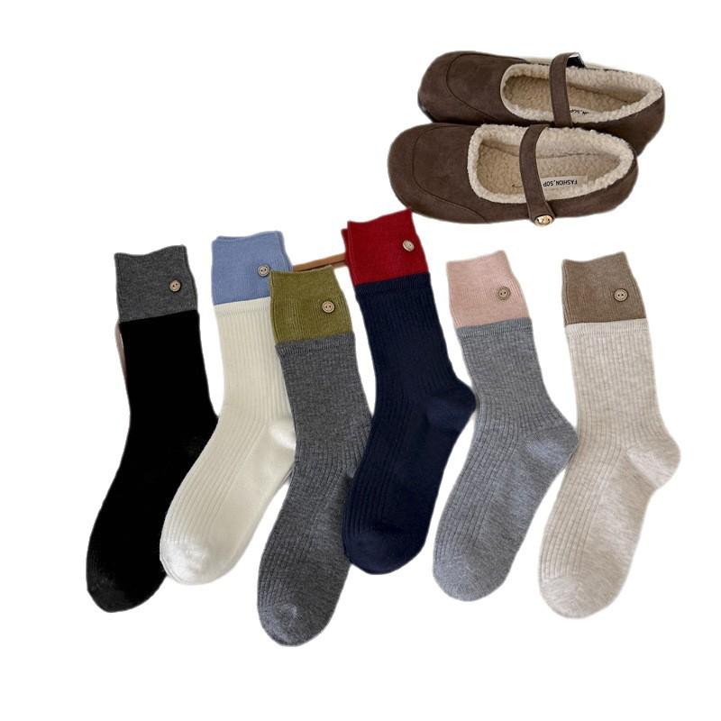 Retro Wooden Button Cashmere Socks Color Matching Medium Tube Socks Thermal Stockings Micro-Pressure Stacking Socks