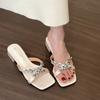 Fairy style silver cool slippers outer wear 2025 summer new middle heel square head French with skirt sandals women's shoes