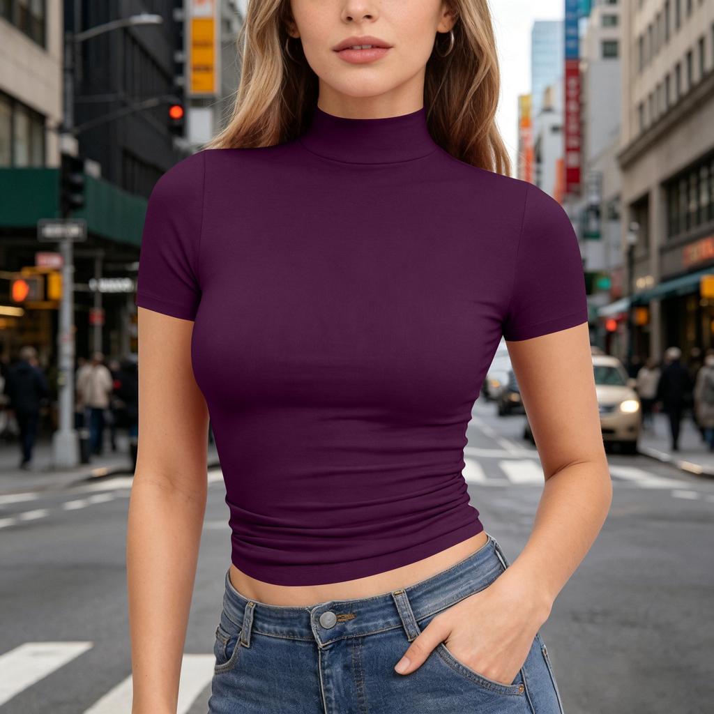 Dames T-shirt met korte mouwen, slank gesneden, met opstaande kraag, rekbaar, lichtgewicht, ademend, basic top voor dagelijks gebruik