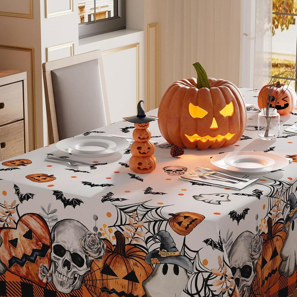Halloween Pumpkins Ghost Skeleton Spooky Tablecloth for Table Decor Halloween Theme Kitchen Dining Plaid Table Cloth Home Decor