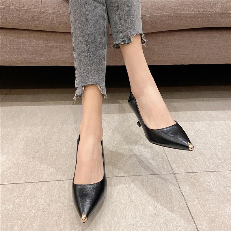 2025 New Single Shoes Women's Black Light Mouth High Heels Korean Version Pointed Thin Heels Professional Uniform Work Shoes 5A