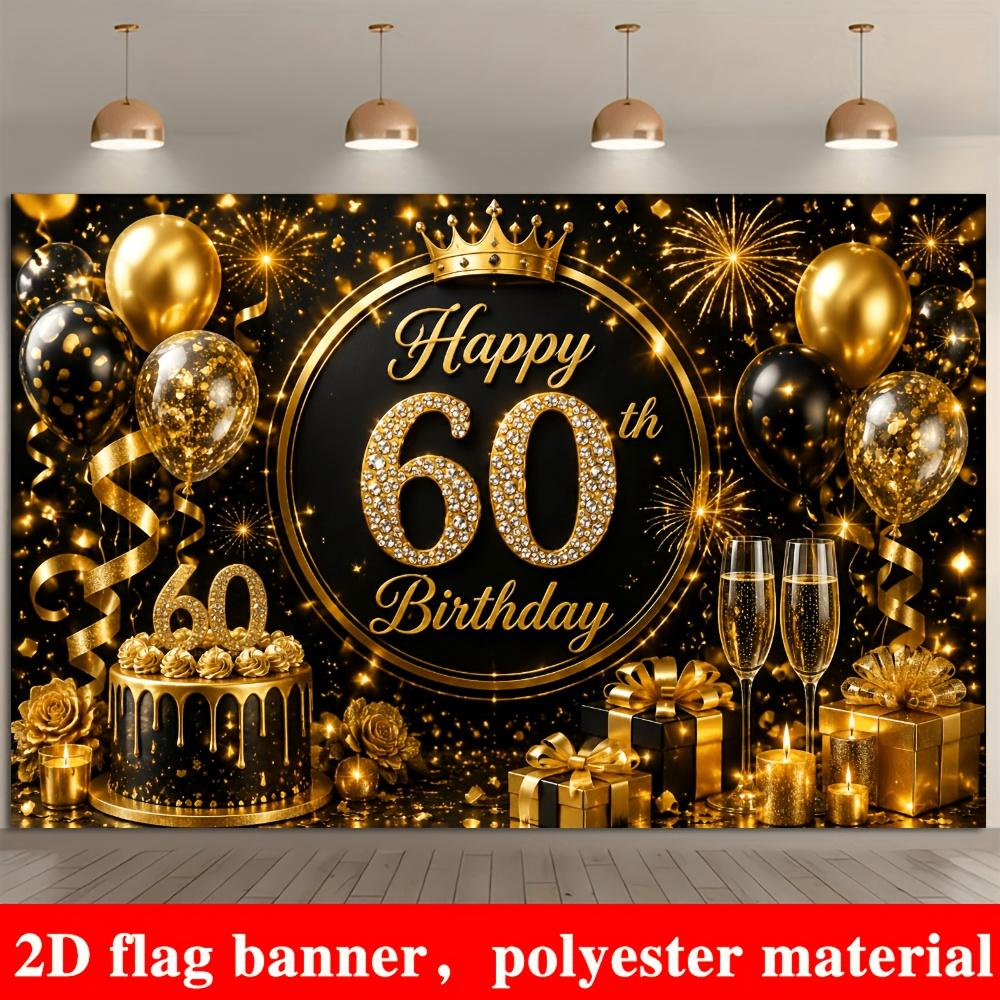 Black Gold 60th Birthday Theme Banner Backdrop, Balloon Crown Cake Champagne Gift Firework, Polyester, Party Decor