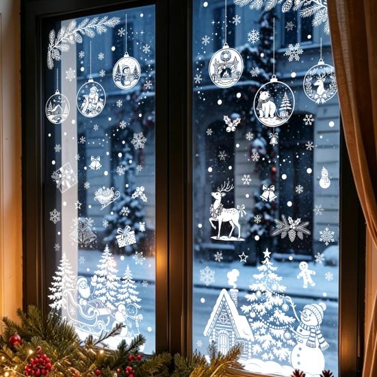 Holiday Static Window Stickers 9 Sheets Christmas Stickers, Reusable Snowflake Santa Claus Reindeer Large Collage Decor Decals for Glass Decoration,