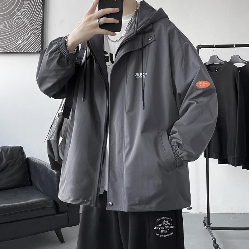 Men's Plus Size Hooded Windbreaker: Trendy Two-Piece American Style Jacket, Loose Waterproof Workwear for Spring/Autumn.