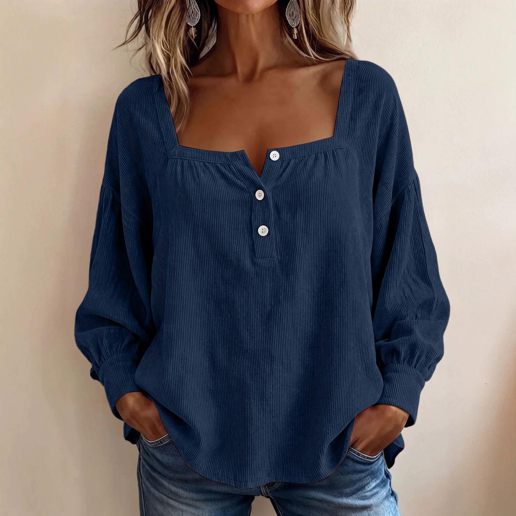 Women's Corduroy Square Neck Long Sleeve Buttoned Half Placket Pullover Top