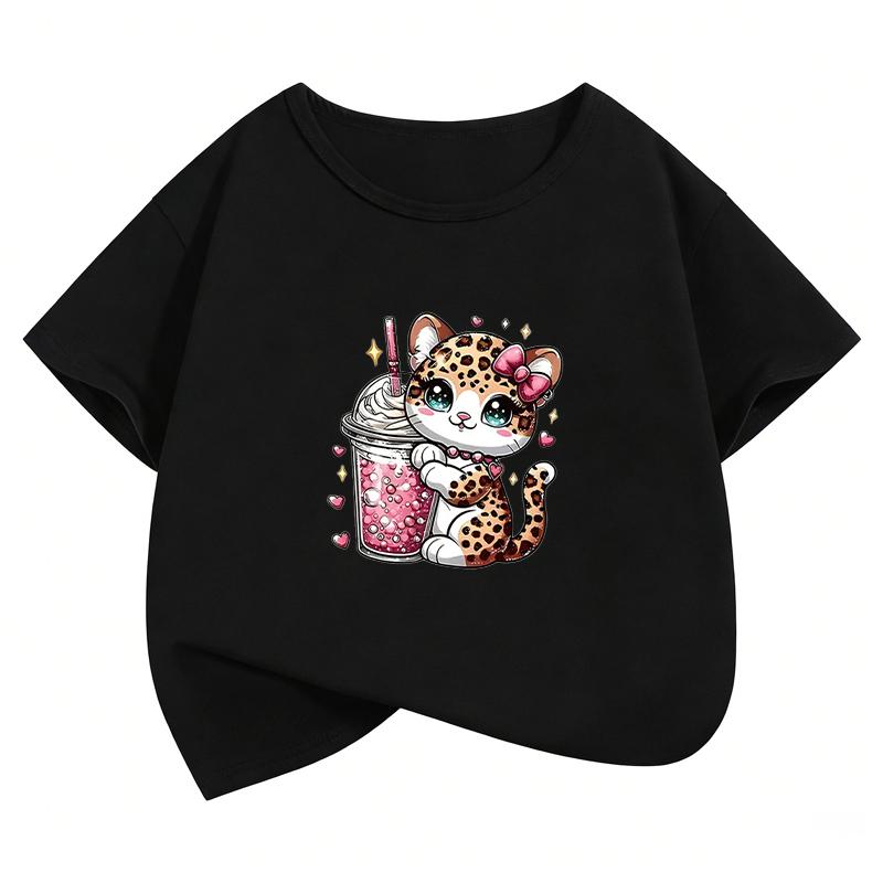 Leopardenmuster Katze T-Shirts Kurzarm Katze Lustig Manga Kinder Kinder T-Shirt Jungen Mädchen Lässiges Oberteil T-Shirt Sommer Frühling