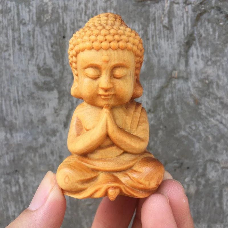 Buddha Statue Desktop Ornament,Cliff Cypress Wood Carving Cute Tathagata Small Buddha Figurine Crafts,For Home Decoration Gift