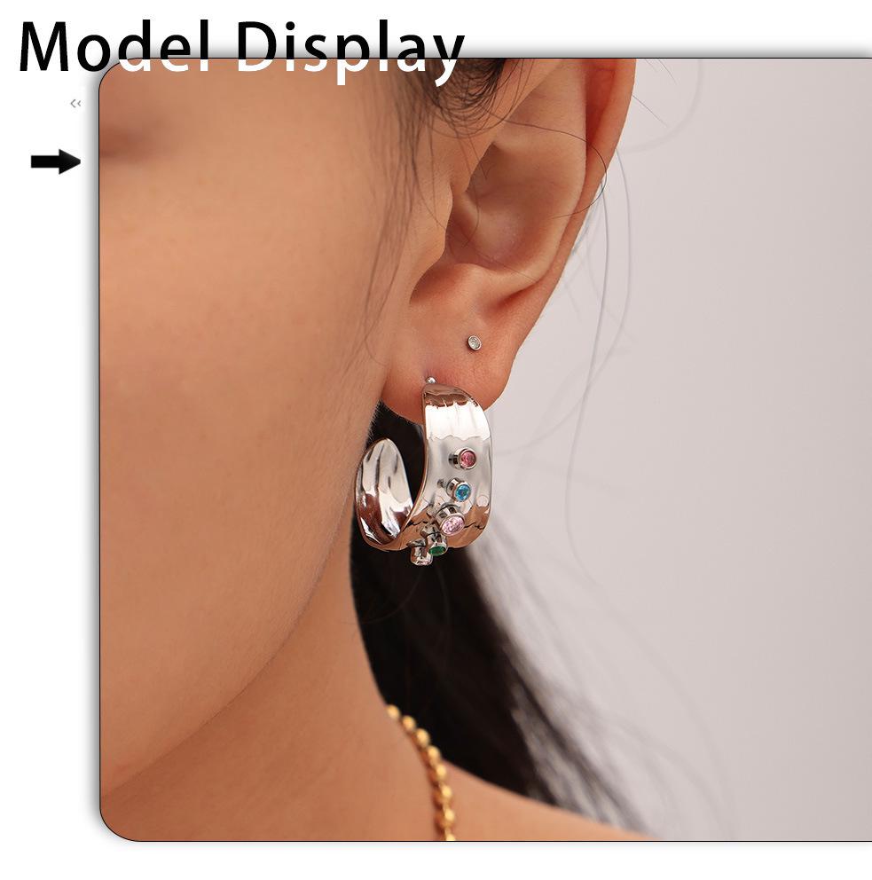 Qiong Yao Mixed Color Cubic Zirconia Open Ring C-shaped Earrings, 18K Gold Plated Stainless Steel Jewelry Set for Women