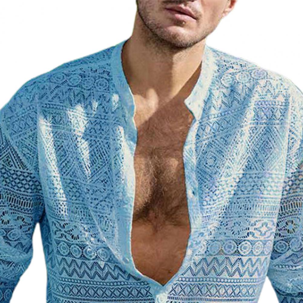 1 sada Populární pánský outfit Sexy muži Top šortky Hollow Out Průhledné Háčkované Košile Šortky Single Breasted
