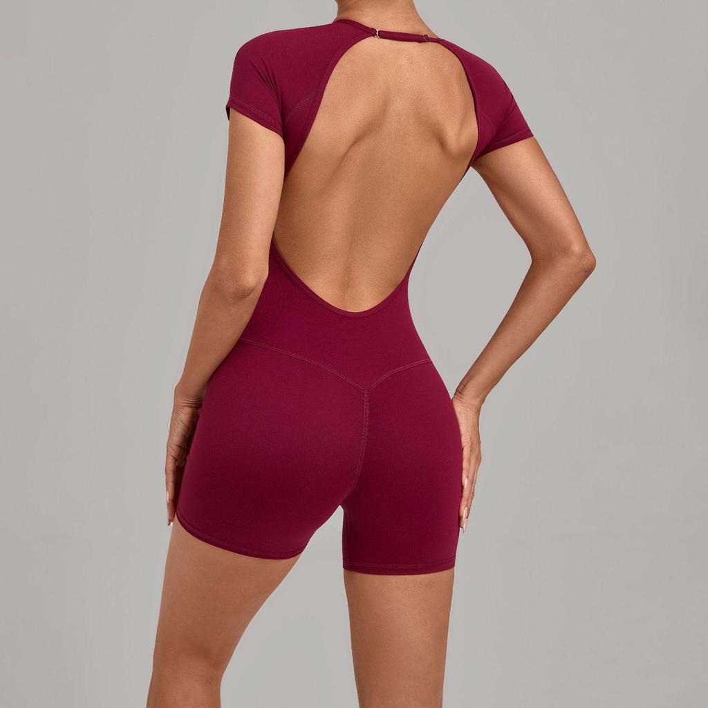 Damen-Jumpsuit mit überkreuztem Rücken und verstellbaren Trägern: Rundhalsausschnitt, Enganliegend, Po-Hebende Shorts, Yoga-Bodysuit (Modell 2701)