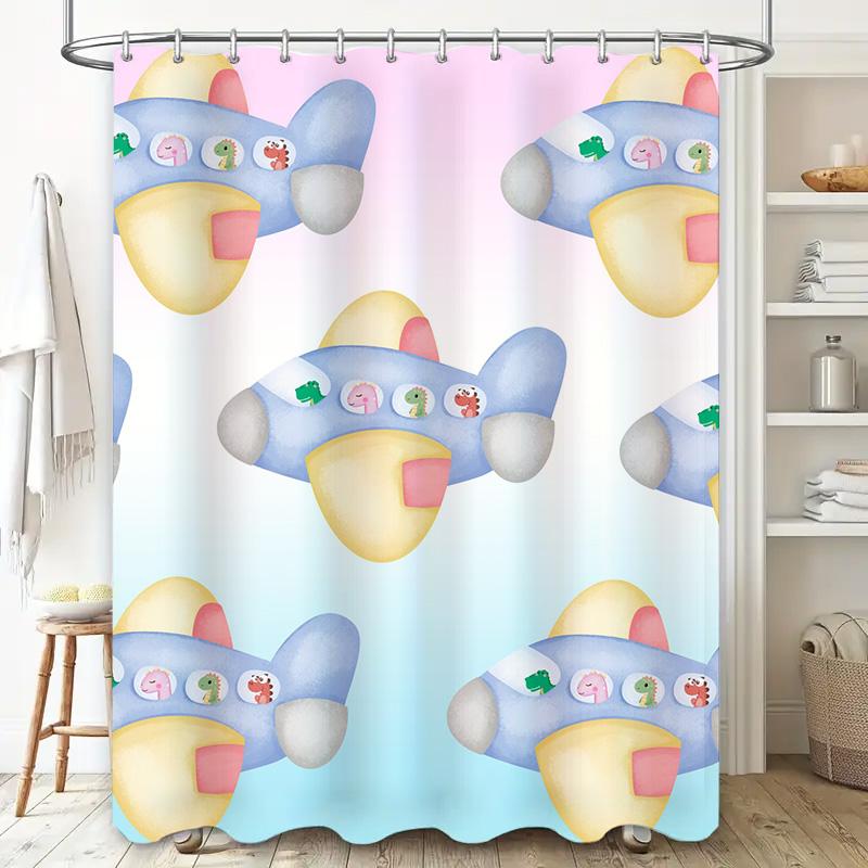 Waterproof Bathroom Shower Curtain Featuring A Whimsical Airplane Design With Cute Cartoon Animals For Children'S Bathroom Decor