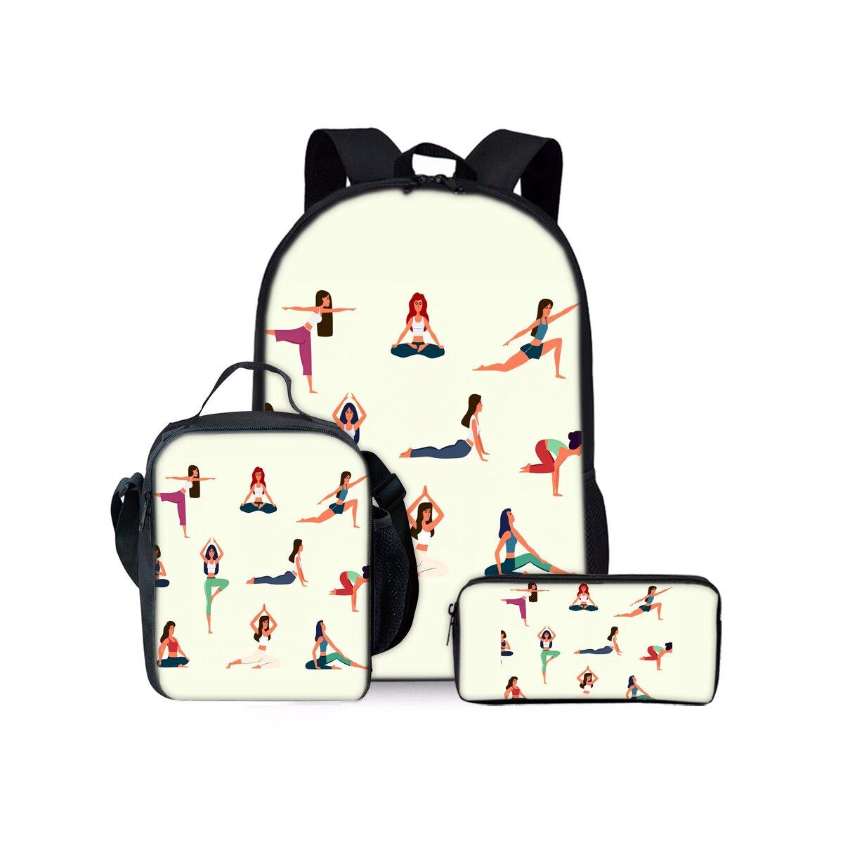 Ensemble de Sacs à Dos Trois Pièces Imprimé Yoga pour Garçons et Filles Meilleurs Cadeaux Sac d'École Plat Dessin Animé 2D pour Enfants