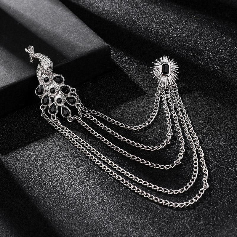 1PC Peacock Suit Accessories Chain Tassel Collar Pins Vintage Men Women Crystal Corsage Brooch Pin
