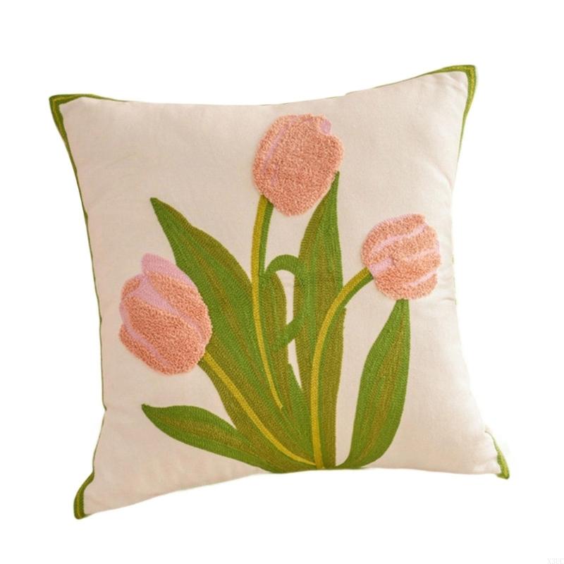 Pillowcase Flower Embroidered Canvas Cotton Pillowcase Soft Breathable Cushion Cover For Sofa Bedroom Home Decoration X3UC