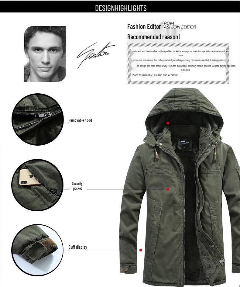 Men's Mid-Length Winter Slim Fit Washed Cotton Jacket - Thick Workwear Coat