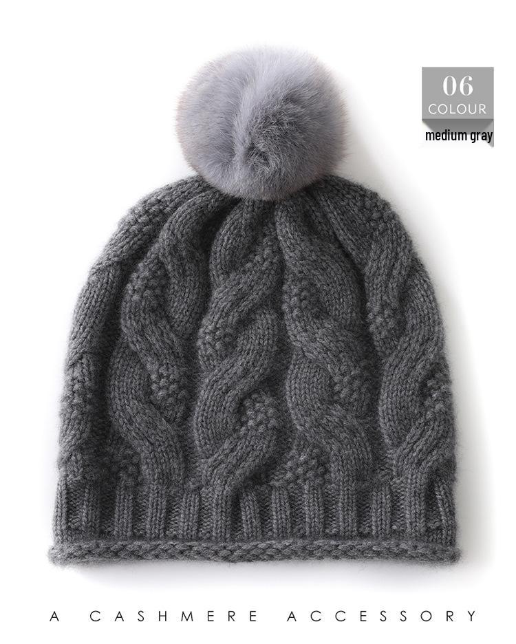 Women's Cable Knit Cashmere Beanie with Fox Fur Pom Pom - Thickened, Warm, and Casual Winter Ear Protection Hat