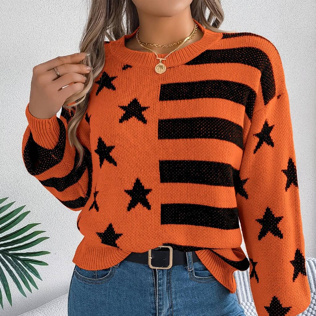 Women's Casual Star Striped  Long Sleeve Pullover Sweater