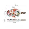 Colorful Floral Ceramic Handled Plate, Creative Decor Food Serving Dish with Solid Wood Handle, Microwave Unavailable