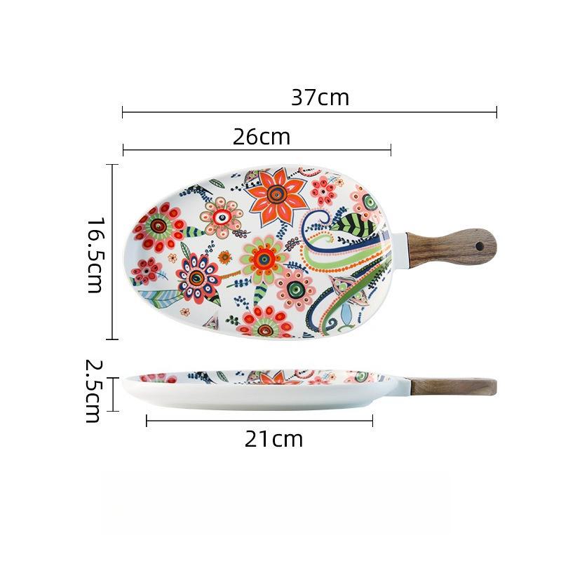 Colorful Floral Ceramic Handled Plate, Creative Decor Food Serving Dish with Solid Wood Handle, Microwave Unavailable