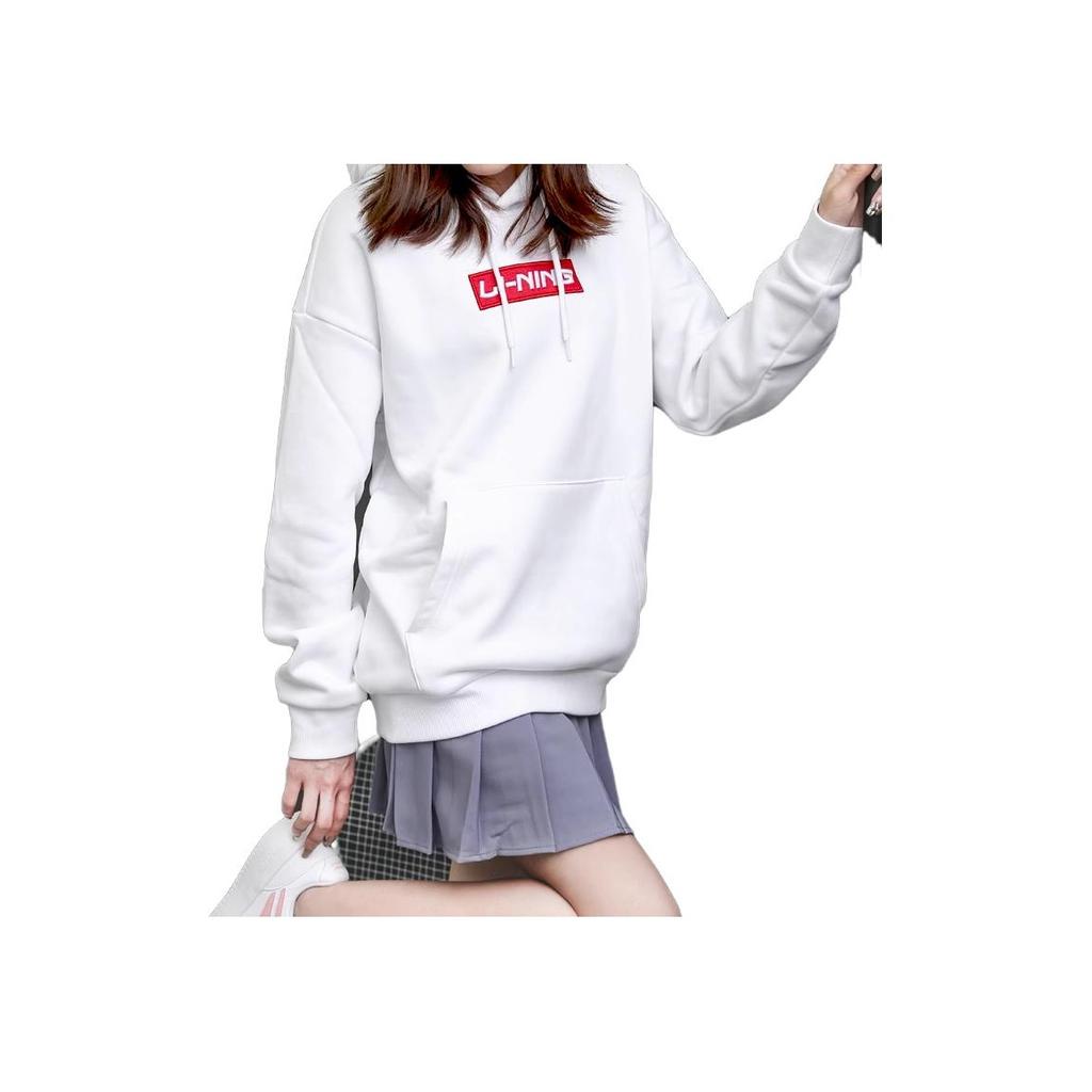 Li Ning Logo Embroidered Casual Hooded Pullover Fleece Sweatshirt Unisex Sweatshirt White AWDR615-1