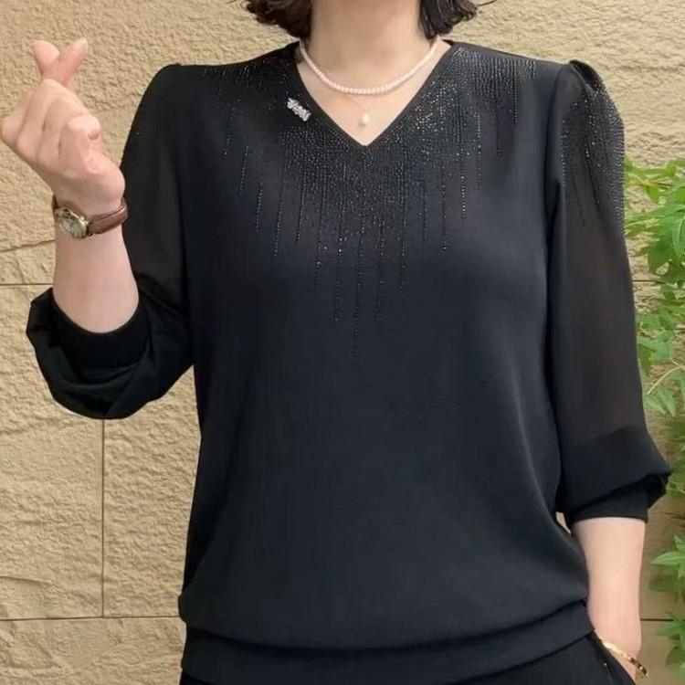 2025 Spring V-neck Chiffon Long Sleeve Blouse for Women – Solid Color Versatile Top for Middle-Aged and Elderly Moms