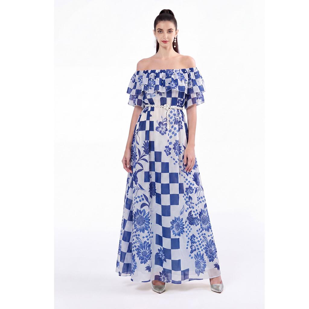 Blue Plaid Print Chiffon Vacation Summer Dress Female Sexy Off Shoulder Short Sleeve A-line Slim Bohemian Holiday Maxi Dress with Belt