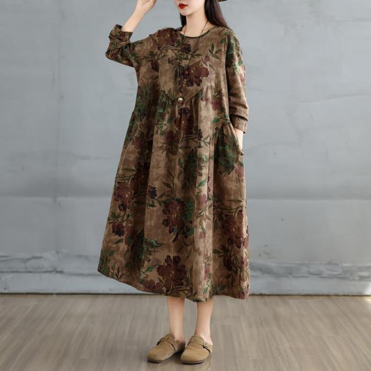 Spring Floral Print Vintage Plus Size Women Dress Long Sleeve Oversize Maxi Loose Basic Casual Long Dress