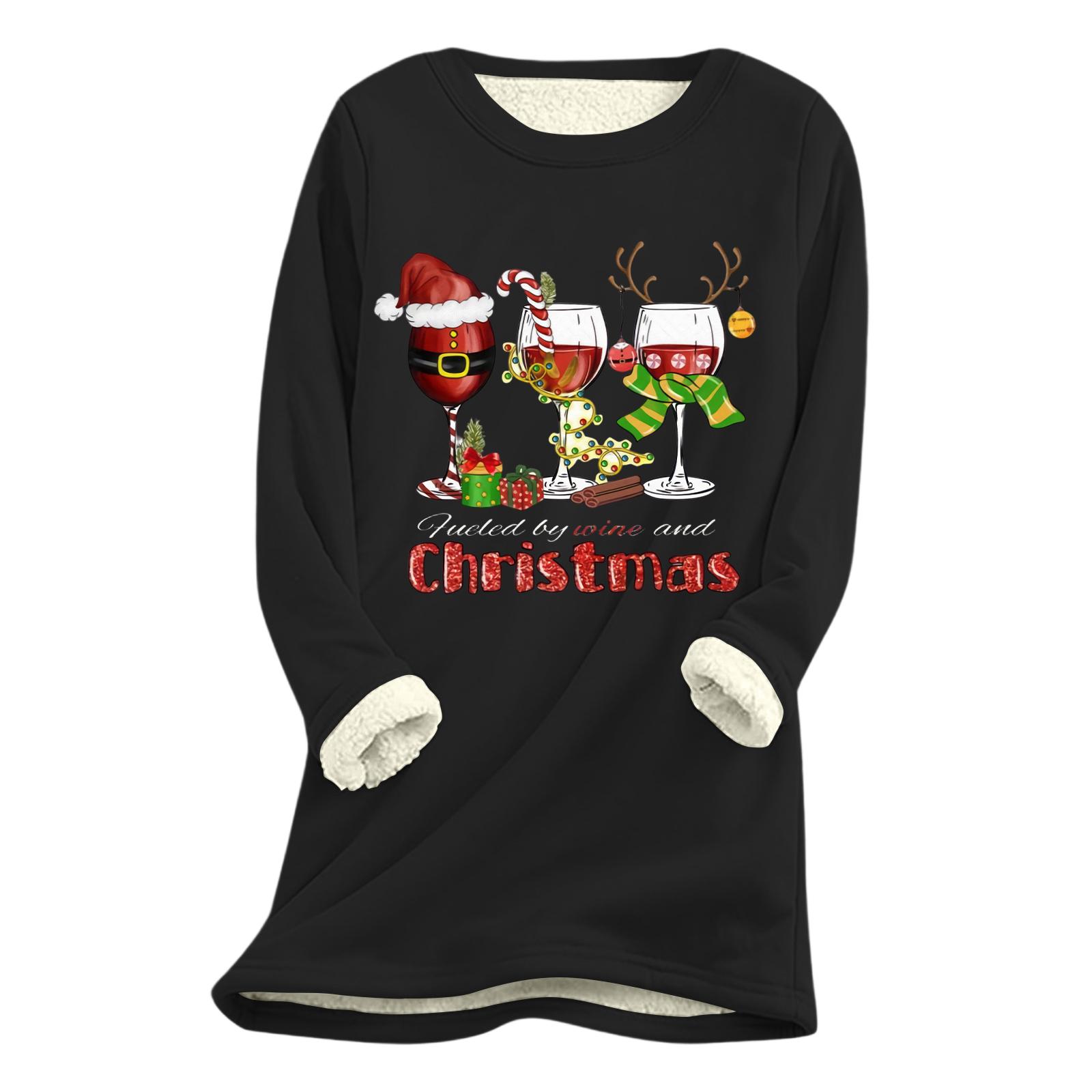 

Women s Christmas Print Thick Plush Lambswool Warm Long Top L чёрный