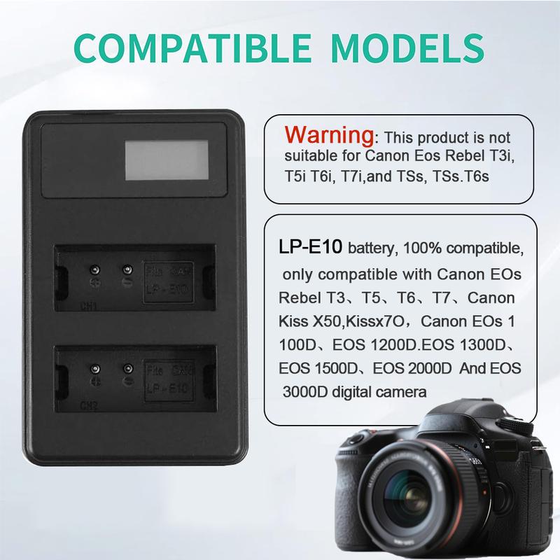 LP-E10 Dual-slot Camera Battery Charger Suitable for Canon EOsRebel T3,T5,T6,T7,EOS 1200D,EOS 1300D,EOS 2000D, EOS3000D Etc.