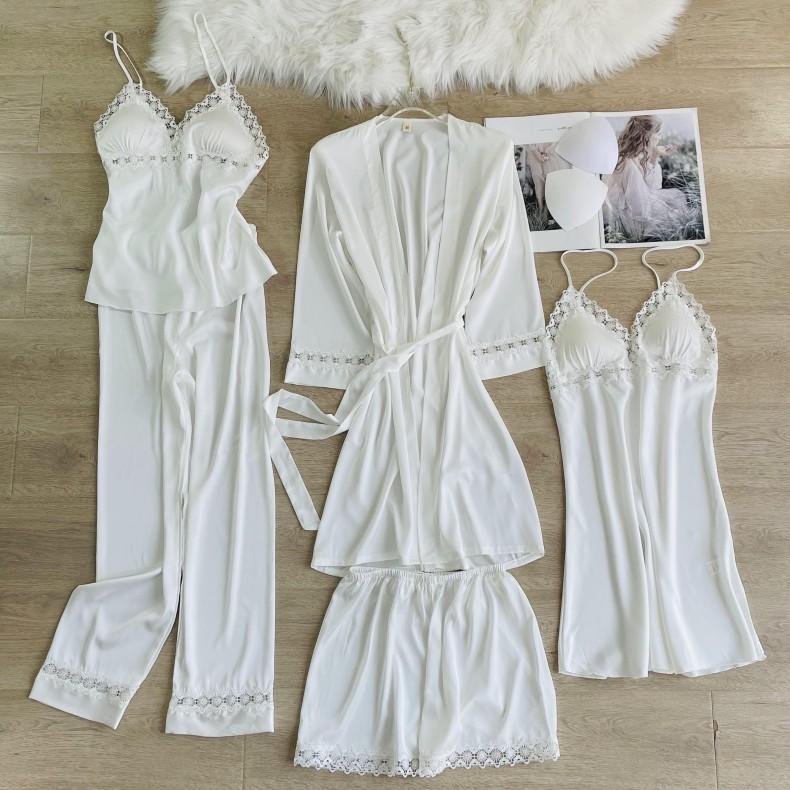 

Пижамный комплект из 5 предметов, пижамы весна и осень, новый стиль, женская пижама, домашняя одежда с длинным рукавом, кружевное атласное нижнее белье для дома XL