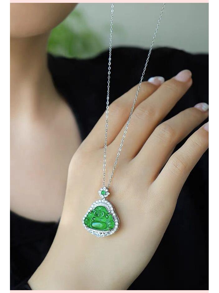 S925 Silver Pendant: Natural Jade Maitreya Buddha Necklace, Full Green Design.